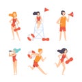 Man and Woman Beach Lifeguards with Megaphone, Lifebuoy and Binoculars Ensuring Safety Vector Set Royalty Free Stock Photo