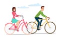 Man and woman, boy and girl riding sport bikes. Family outdoor