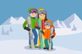 Man, woman, boy, skiing in snow mountain. Family winter sport vector illustration.