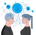 Man and woman brains making virtual mesh connections while looking at each others