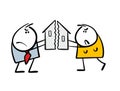 Man and a woman broke down house, keep two halves of building, divide property in divorce. Vector illustration of