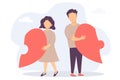 The man and the woman broke up. Each has half a heart in his hands. Disassembled the heart-shaped puzzle. Vecton flat illustration