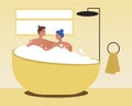 Man, woman in bubble bath, Flat vector stock illustration with Couple spending time at home as Concept of love, romance together