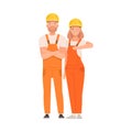 Pair of builders in orange overalls and helmets. Vector illustration.