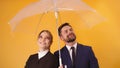 Man and woman business people coworkers sheltering under transparent umbrella