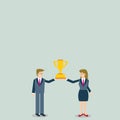 Man and Woman in Business Suit Holding Together the Championship Winners Trophy Cup Between them. Creative Background Royalty Free Stock Photo