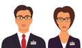 Man and woman in business suits with badges and glasses. Business avatar profile picture. Vector illustration, isolated.