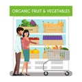 Man and woman buy fresh organic vegetables and fruits in market vector illustration. Customers couple in marketplace
