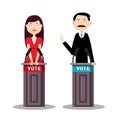 Man and Woman Candidates with Lecterns and Vote Symbols Vector Cartoon. Royalty Free Stock Photo