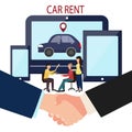 Man, woman and car dealer. Online deal making. Rent a car. Business handshake. Vector illustration in flat style of the Royalty Free Stock Photo