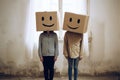 Man and woman with cardboard boxes on head. Generative AI
