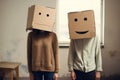 Man and woman with cardboard boxes on head. Generative AI