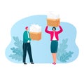 Man and woman carry heavy boxes of papers, office workload concept. Overworked employees with documents, busy office Royalty Free Stock Photo