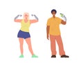Man and woman cartoon character with arm prosthesis adapted for social life after rehabilitation