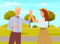 Man and woman in casual clothes greeting each other. Characters give five and are rejoice Royalty Free Stock Photo