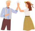 Man and woman in casual clothes greeting each other. Characters give five and are rejoice Royalty Free Stock Photo