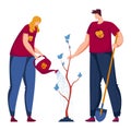 Man and woman in casual clothes are planting a young tree, gardening together, nurturing plant. Environmental activism Royalty Free Stock Photo