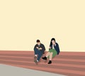 Man and woman in casual clothes talking and playing smartphone while sitting on stairs outdoors in the city