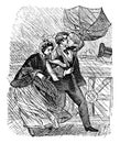 Man & Woman Caught in Rainstorm, vintage illustration