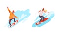 Man and Woman Character Engaged in Extreme Sport Snowboarding Vector Set