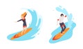 Man and Woman Character Engaged in Extreme Sport Surfboarding Vector Set