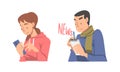 Man and Woman Character Gathering News Scrolling Newsfeed on Smartphone and Writing Down in Notepad Vector Set