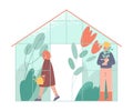 Man and Woman Character at Greenhouse Planting and Cultivating Crops Vector Illustration