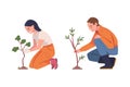 Man and Woman Character Planting Tree Sapling in Soil Taking Care of Planet and Nature Vector Set Royalty Free Stock Photo