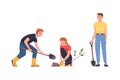 Man and Woman Character Planting Tree Sapling in Soil Taking Care of Planet and Nature Vector Set