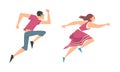 Man and Woman Character Running in a Hurry and Hasten Somewhere Vector Set Royalty Free Stock Photo