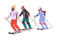 Man and Woman Character Skiing at Mountain Ski Resort in Winter Season Vector Illustration