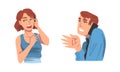 Man and Woman Character Speaking by Phone Having Dialogue via Mobile Gadget Vector Set