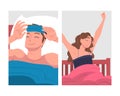 Man and Woman Character Waking Up Feeling Happy Stretching Out in Bed Ready to Get Up in the Morning Vector Set Royalty Free Stock Photo