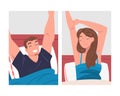 Man and Woman Character Waking Up Feeling Happy Stretching Out in Bed Ready to Get Up in the Morning Vector Set Royalty Free Stock Photo
