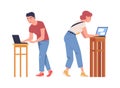 Man and Woman Character Working at Laptop Rested on Stool Vector Set