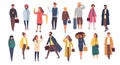 Man and woman characters in autumn outwear clothes. Crowd of cartoon people outside on the streets. Vector flat