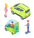 People Driving Car, Segway and Unicycle Vector