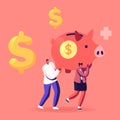 Man and Woman Characters Carry Huge Piggy Bank with Dollar Sign and Medical Cross. Medicine Price