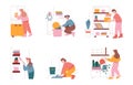 Man and woman characters clean home and do household work. Vector illustration set of people cleaning house, dusting