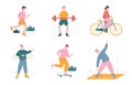 Man and woman characters exercise and doing sport at home and outdoor. Vector illustration set of people workout, doing