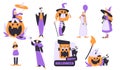 Man and Woman Characters at Halloween Dressed in Costume Enjoy Night Party Vector Set Royalty Free Stock Photo