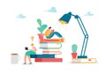 Man and Woman Characters Reading Books. Flat People Sitting on Stack of Books. Education, Library Literature Concept