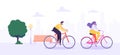 Man and Woman Characters Riding Bicycle in the City Background. Active People Enjoying Bike Ride in the Park Royalty Free Stock Photo