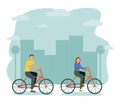 Man and Woman Characters Riding Bicycle in the City Background. Active People Enjoying Bike Ride in the Park. Healthy Lifestyle, Royalty Free Stock Photo