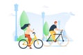 Man and Woman Characters Riding Bicycle in the City Background. Active People Enjoying Bike Ride in the Park. Lifestyle Royalty Free Stock Photo