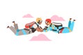 Man and Woman Characters Skydiving Falling Down with Parachute in Tandem Vector Illustration