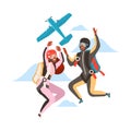 Man and Woman Characters Skydiving Falling Down with Parachute in Tandem Vector Illustration