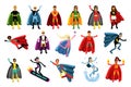 Man and Woman Characters in Superhero Costumes Standing and Waving Hand Vector Illustration Set