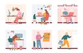 Man and woman characters work with laptop computers in office. Vector illustration set of people in workplace at home