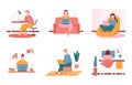 Man and woman characters working with laptop at home. Vector illustration set of freelance people work with computer in Royalty Free Stock Photo